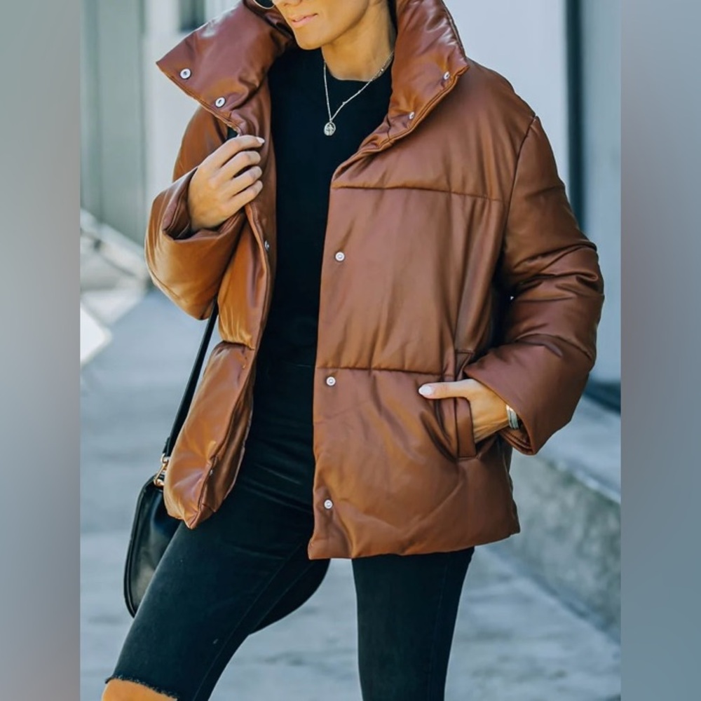 NWT AVEC LES FILLES CADE POCKETED FAUX LEATHER PUFFER JACKET-BROWN🤎, S, BNWTIB